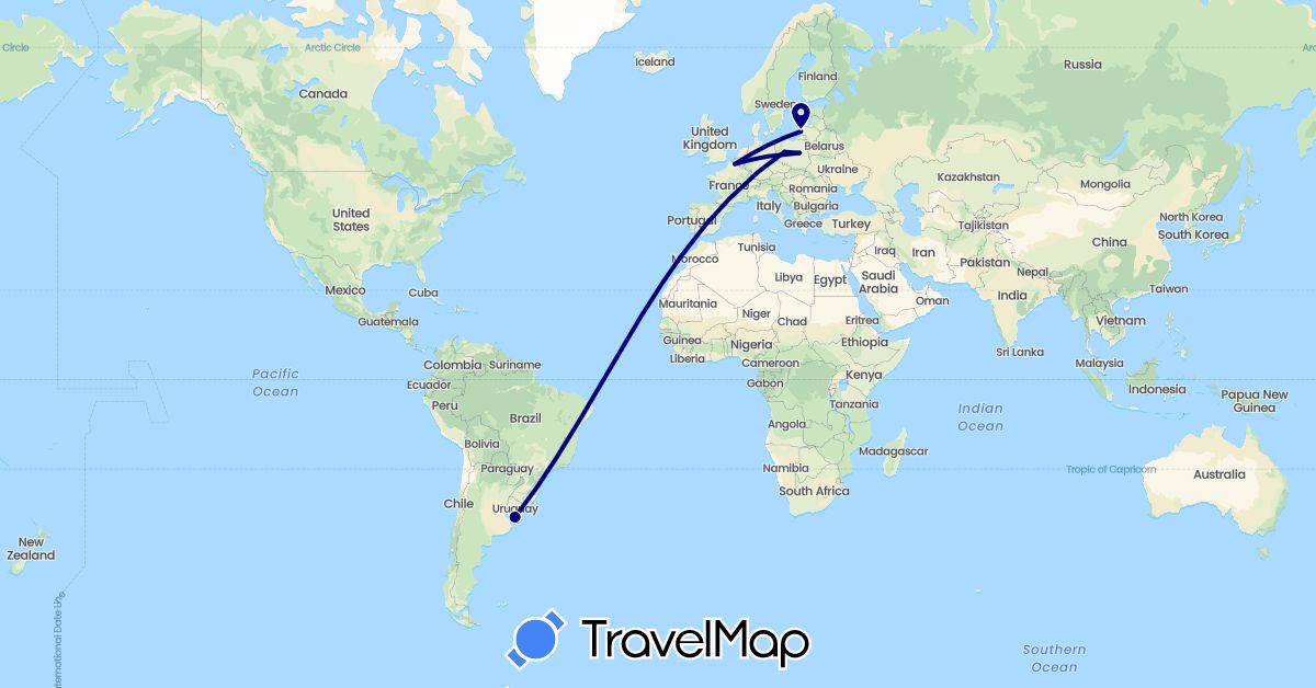 TravelMap itinerary: driving in France, Lithuania, Poland, Uruguay (Europe, South America)